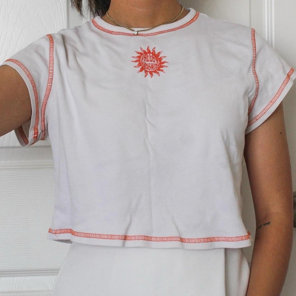 H&M White Crop Top with Orange Sun Graphic